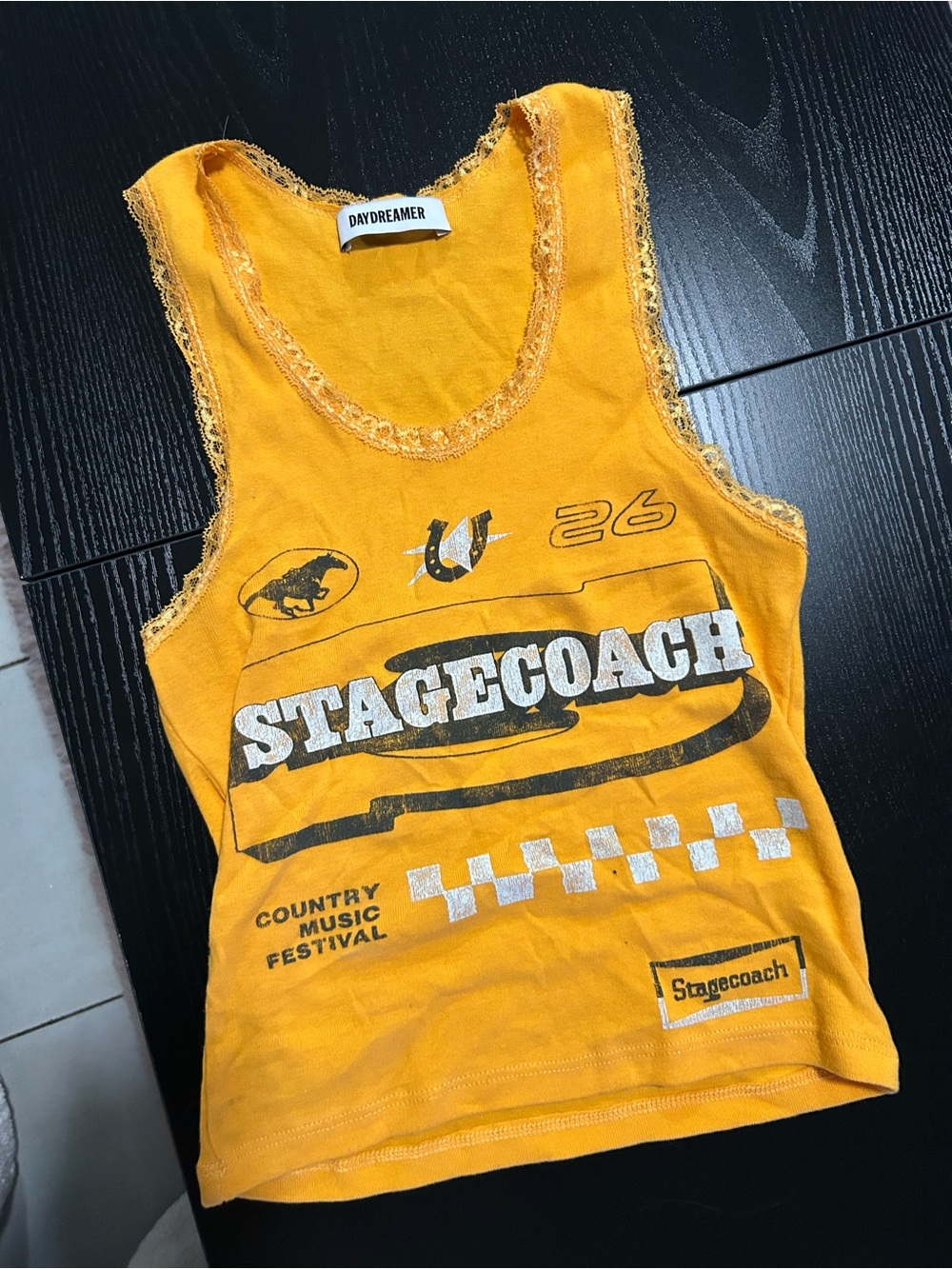 Daydreamer Yellow Stagecoach Lace-Trim Graphic Tank Top
